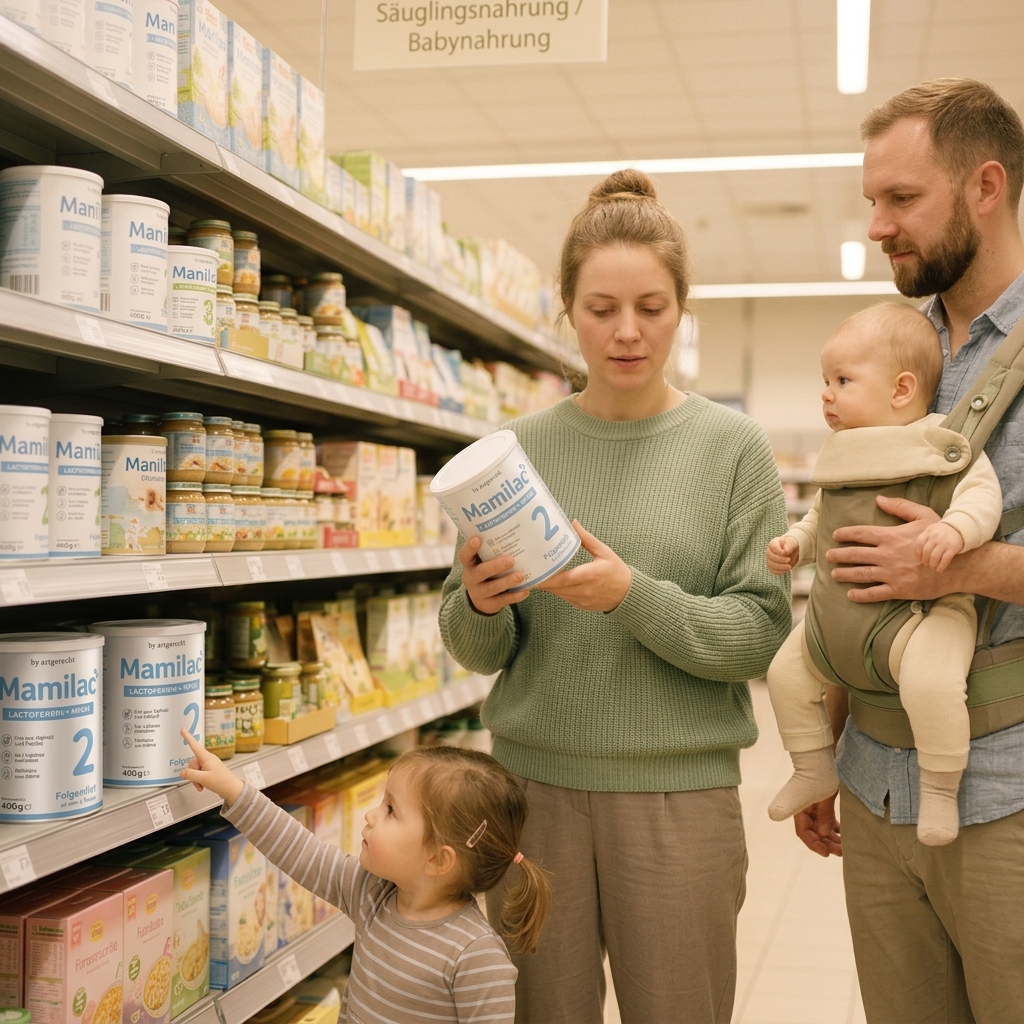 Familie im Supermarkt: Mutter, Vater, Baby und Kleinkind am Mamilac-Regal – Symbolbild für familienfreundliche Babynahrung