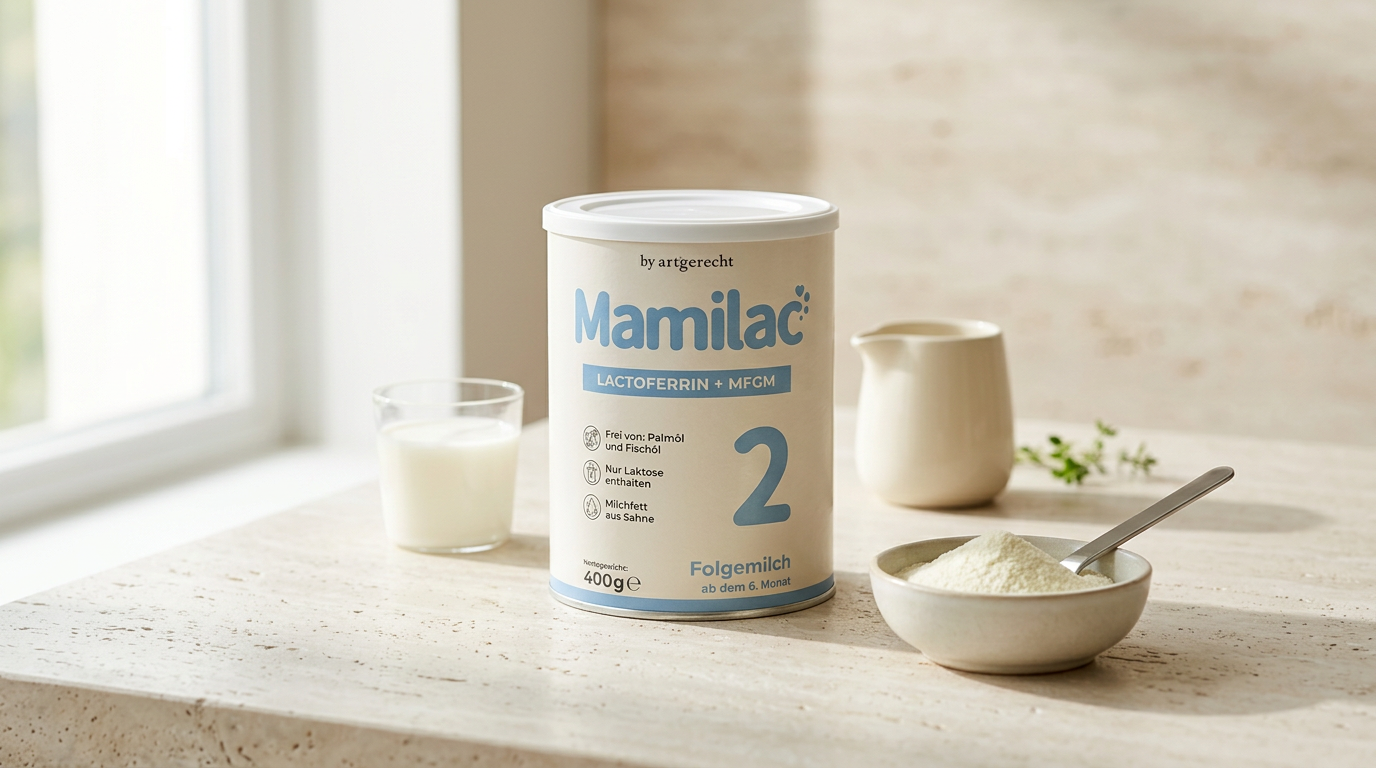 Mamilac 2 Dose auf heller Steinfläche mit Glas Milch, Sahnekännchen und Schälchen Milchpulver
