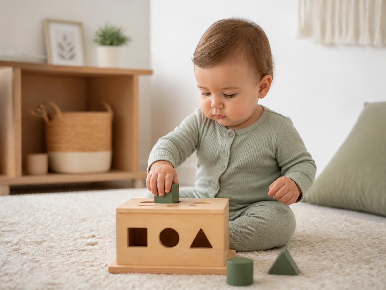 Baby im Alter von etwa einem Jahr löst konzentriert ein Steckspiel – Symbolbild für kognitive Entwicklung