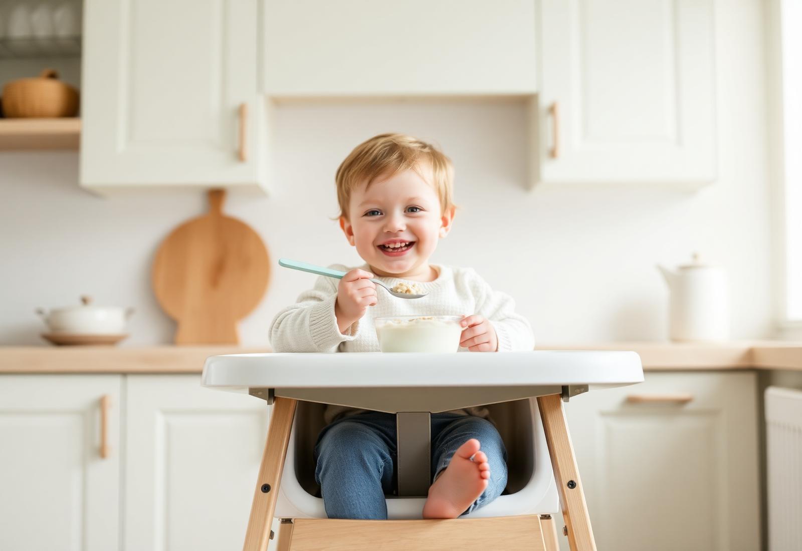 Fröhliches Kleinkind im Hochstuhl beim Essen – Symbolbild für Babynahrung