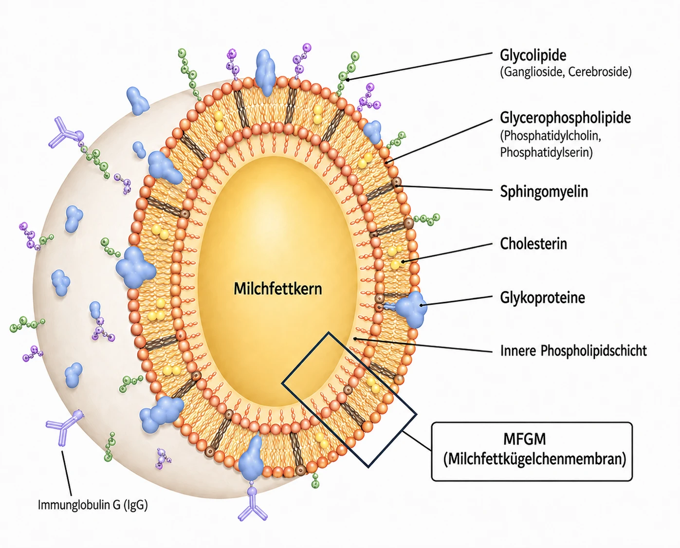 Schematische Darstellung der Milchfettkügelchenmembran (MFGM) mit Glycolipiden, Glycerophospholipiden, Sphingomyelin, Cholesterin, MFGM-Proteinen und Immunglobulin G