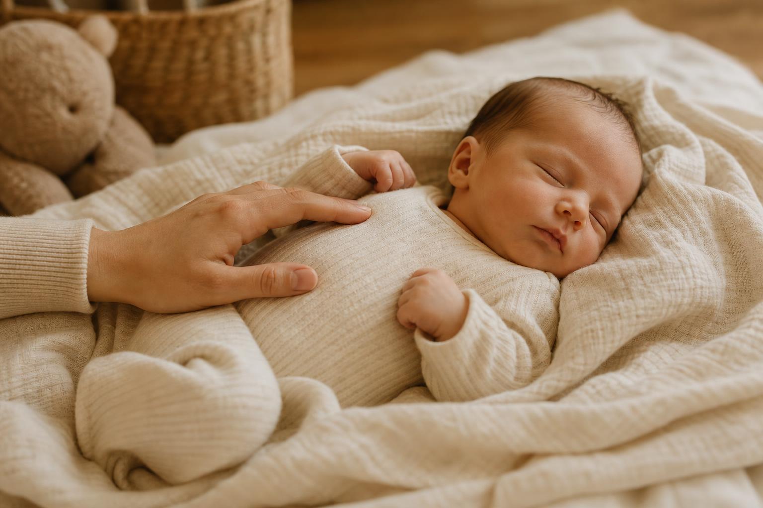 Elternteil hält sanft die Hand auf dem Bauch eines schlafenden Babys – Symbolbild für Babynahrung