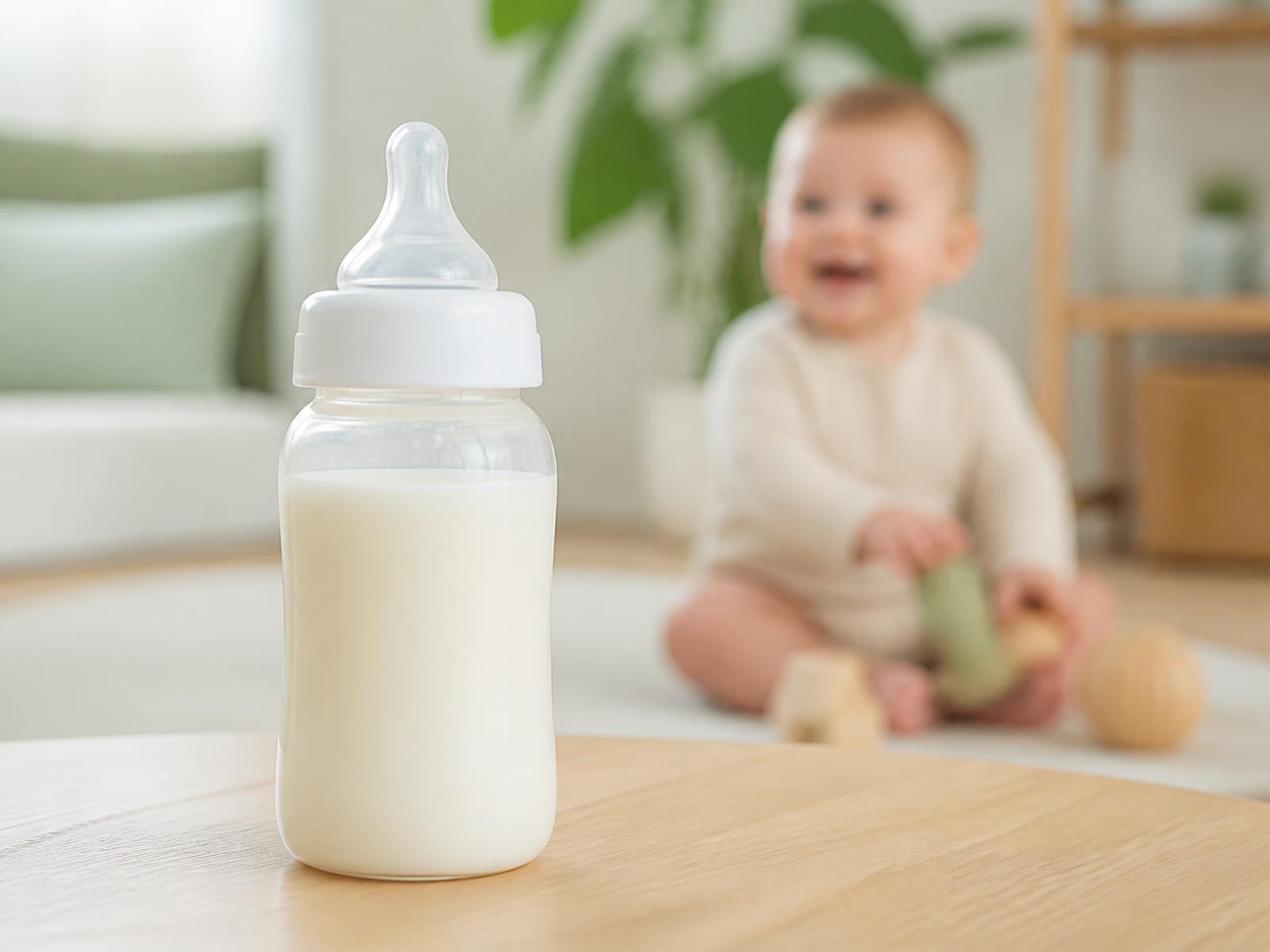Babyflasche mit Milch im Vordergrund, im Hintergrund ein spielendes Kind