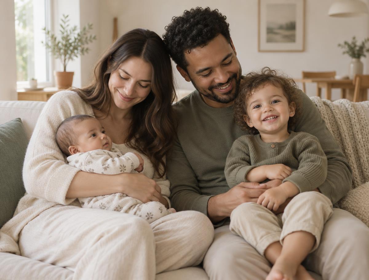 Junge Familie mit Säugling und Kleinkind zu Hause