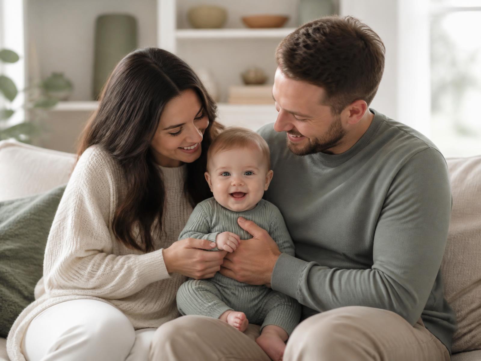 Mutter und Vater sitzen mit ihrem Baby in einem hellen Wohnzimmer – Symbolbild für Babynahrung