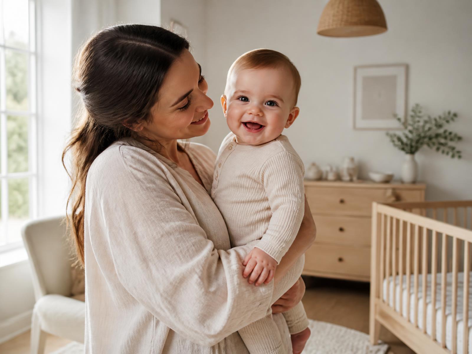 Mutter hält lächelnd ihr Baby im hellen Zimmer – Symbolbild für Babynahrung