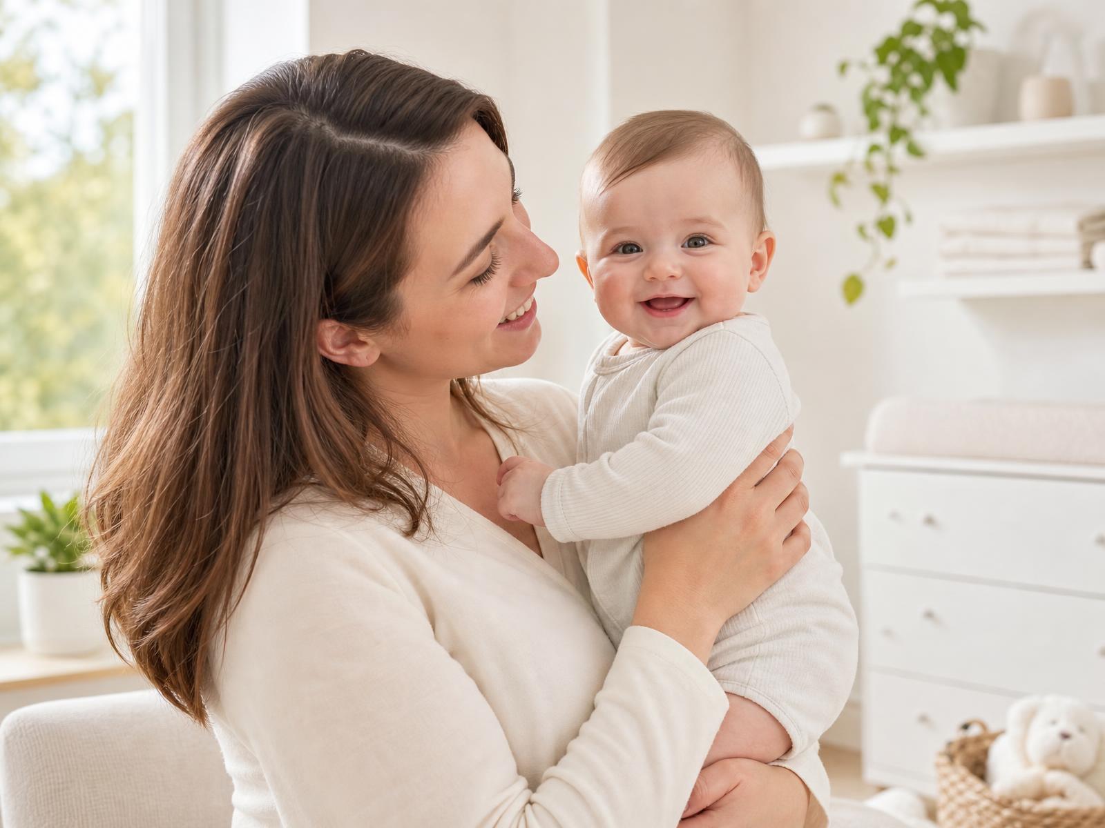 Mutter hält lächelnd ihr Baby im hellen Zimmer – Symbolbild für Babynahrung