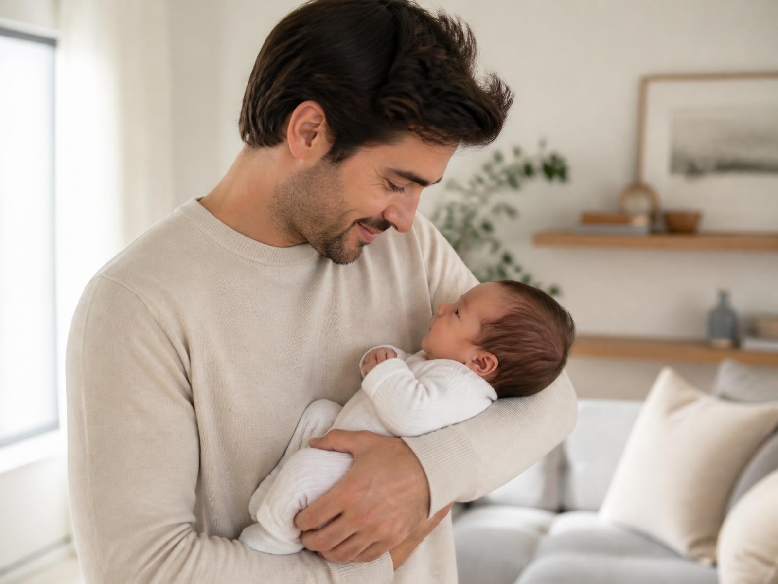 Vater hält lächelnd sein Baby im hellen Zimmer – Symbolbild für Babynahrung